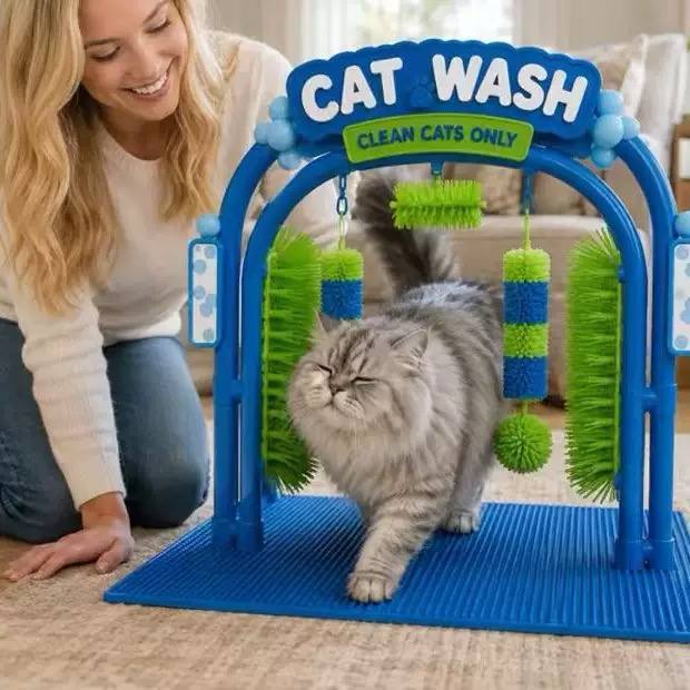 Cat walking through the grooming arch beside its owner