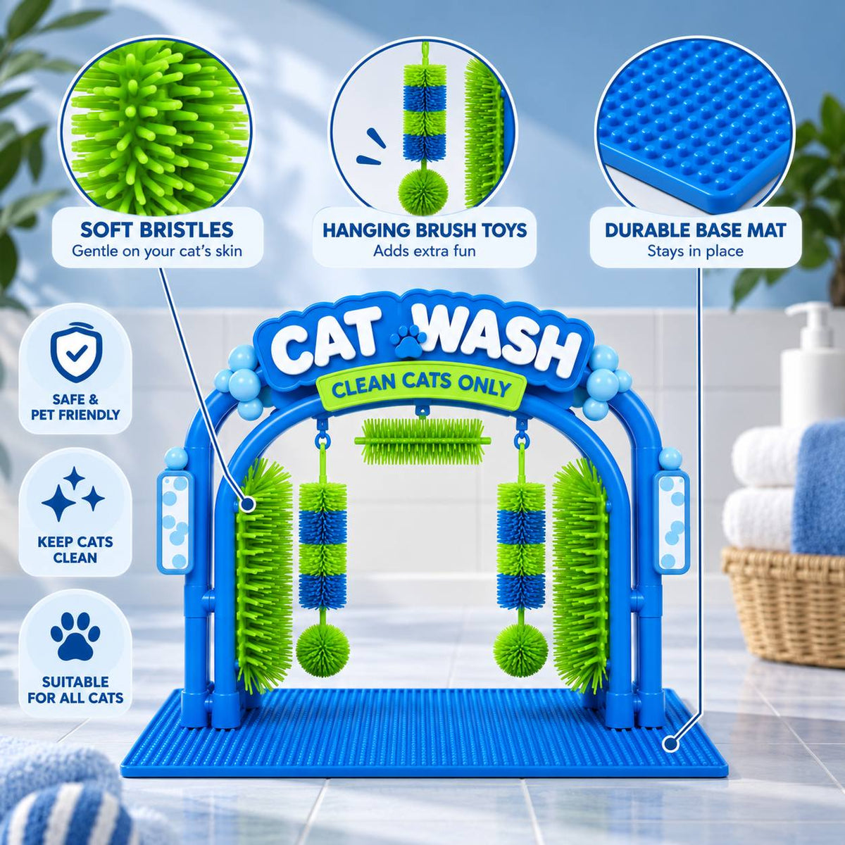Close-up feature guide for the cat grooming arch brushes and base mat
