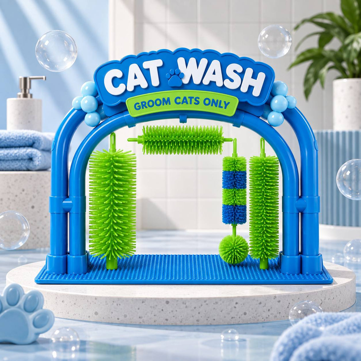 PurrWash cat self-grooming arch with brush attachments and base mat