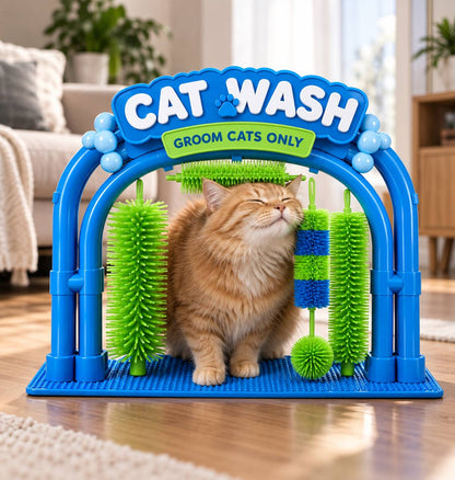 Orange cat using the PurrWash self-grooming arch at home