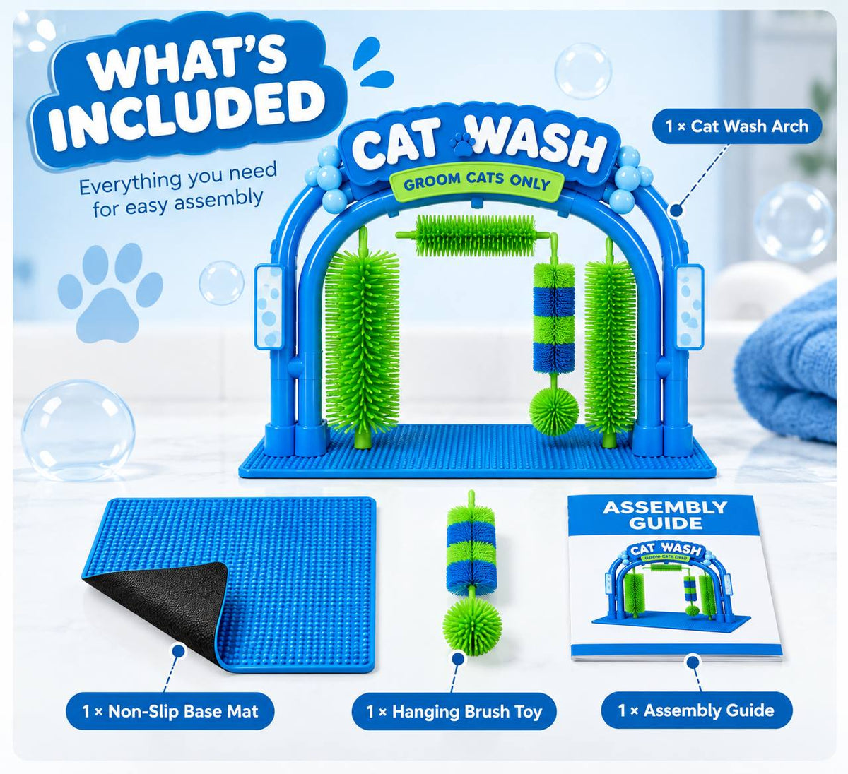 Cat grooming arch package contents including arch, mat, hanging brush toy and assembly guide